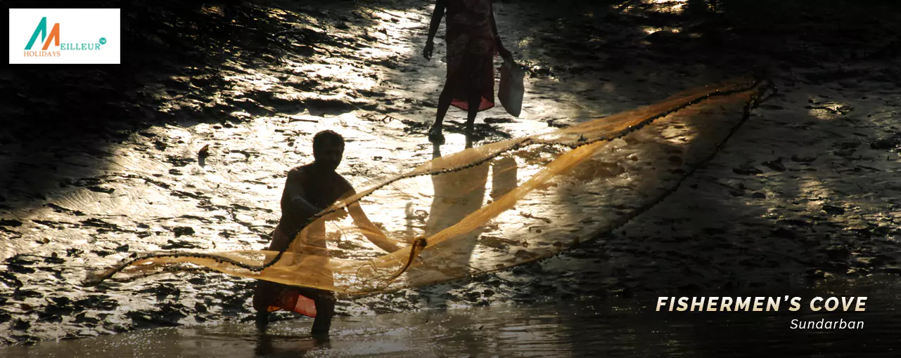 Witness the drama of two people wading through water, one with a fishing net, in our Sundarban Tour Package.