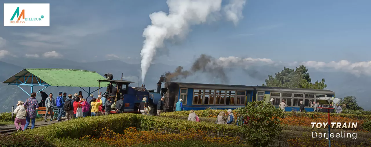Toy Train in Darjeeling with a scenic mountain backdrop, ideal for a Darjeeling tour package from Kolkata.