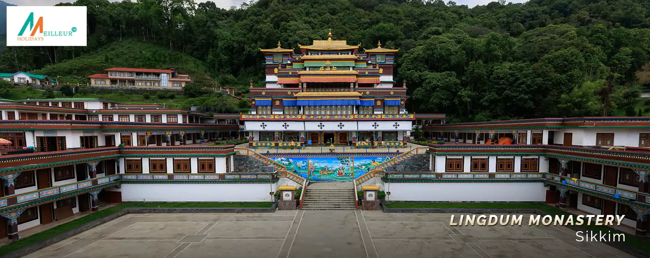 Lingdum Monastery in Sikkim offers vibrant architecture amidst lush greenery, ideal for Sikkim Darjeeling Tour Package.