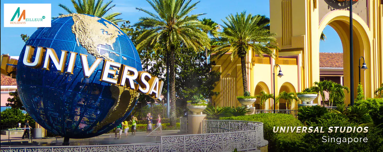 Universal Studios Singapore entrance featuring the rotating globe - perfect for your Singapore Malaysia Tour Package.